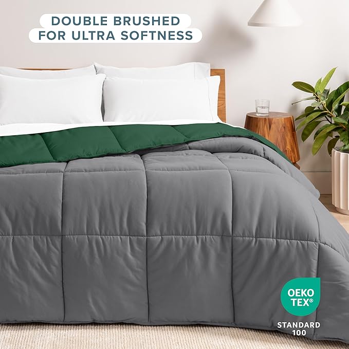 Bare Home Queen Comforter - Reversible Colors - Goose Down Alternative - Ultra-Soft - Premium 1800 Series - All Season Warmth - Bedding Comforter (Queen, Grey/Forest Green)