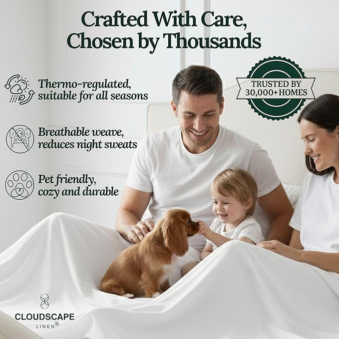 Cloud Scape Linen Engineered Dual-Ply Egyptian Cotton Queen Size Sheet Set – Long-Staple Sateen Weave, 4-Piece Soft Hotel Quality Bedding Set,Deep Pockets Up to 17”, White