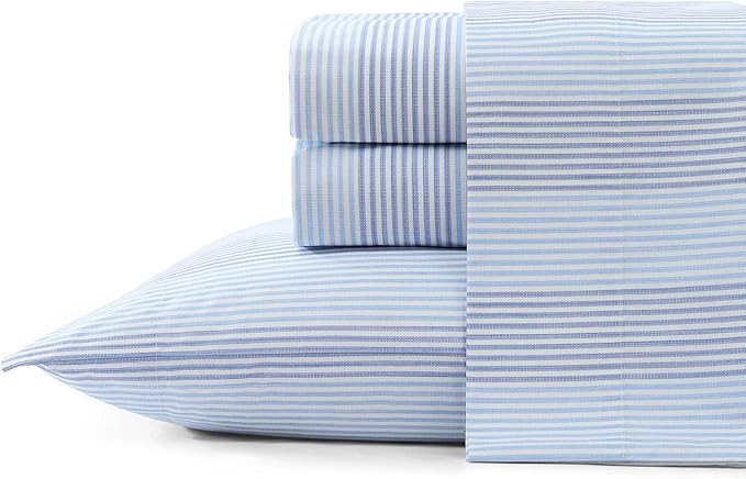 Tommy Bahama - Queen Sheets, Super Soft Cotton Percale Bedding Set with Matching Pillowcases, Crisp & Cool, Coastal Room Essentials (Weekend Stripe Blue, Queen)