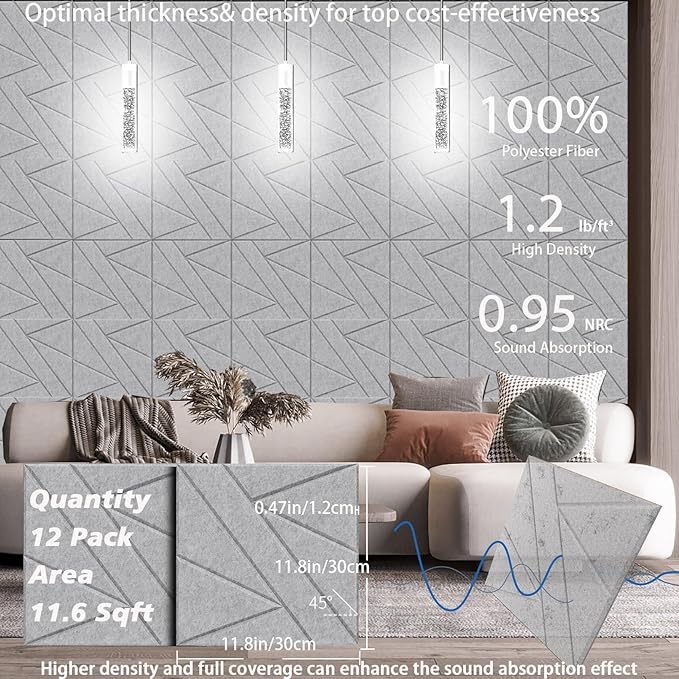 12 Pack Self-Adhesive Soundproof Wall Panels, 12 x 12 x 0.47 in Sound Proof Foam Panels for Walls, 1.2lb/ft³ High Density, Thicker 0.47in, Acoustic Panels, Noise Dampening Panels Studio Gray