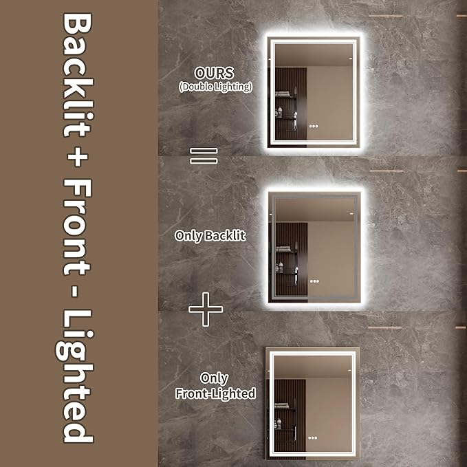 Bathroom Mirror with Lights 30"X36" with Front Light and Backlit, Tempered Glass, Wall Mount Horizontal/Vertical, Stepless Dimmable, 3 Colors, Anti Fog, Bathroom Memory LED Mirror