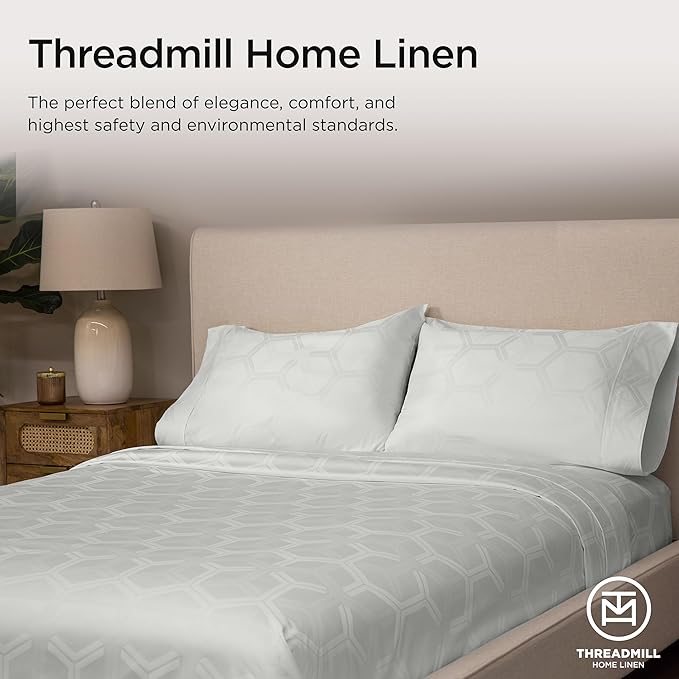 Threadmill 100% Cotton Sheets for Queen Size Bed - 600 Thread Count Queen Bed Sheets Set with 16” Deep Pocket - Jacquard Sateen Weave 4-Piece Bedding Set with Cooling Effect, Light Grey