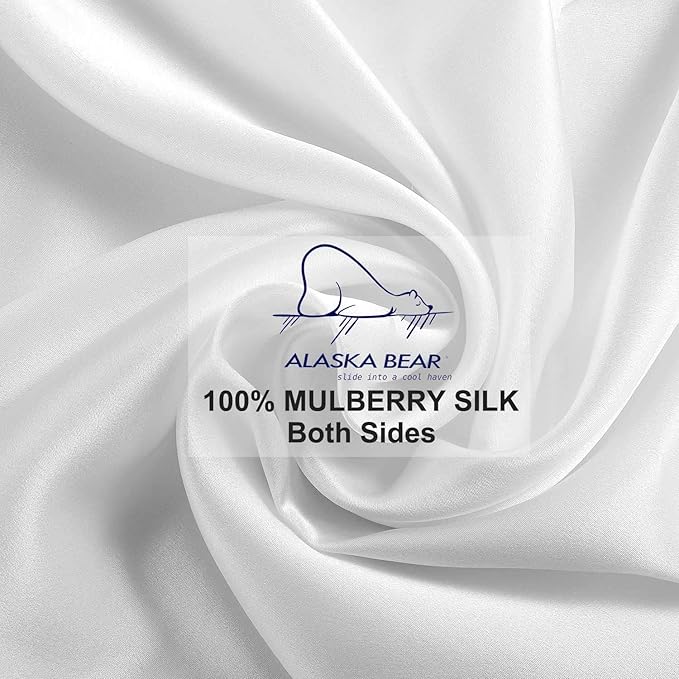 ALASKA BEAR Silk Pillowcase for Hair and Skin, 100% Mulberry Silk Pillow Cases King Size for Bliss Sleep with Random Color Scrunchy Gift Set Better Than Poly Satin, Zipper Closure, 1pc, Cool White