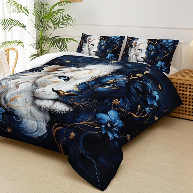Black and Gold Flower Lion Comforter Set Full Size，Animal Print Full Size Bedding Set for Boy，with 1 Comforter with 2 Pillow Case
