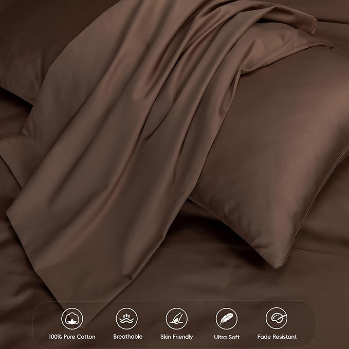 MooMee Duvet Cover Set 100% Extra Long Staple Cotton 600 Thread Count Silky Sateen Smooth Luxury Soft Breathable Durable Hotel Quality Bedding, 3 Pieces (Chocolate Brown, Full 80"x90")