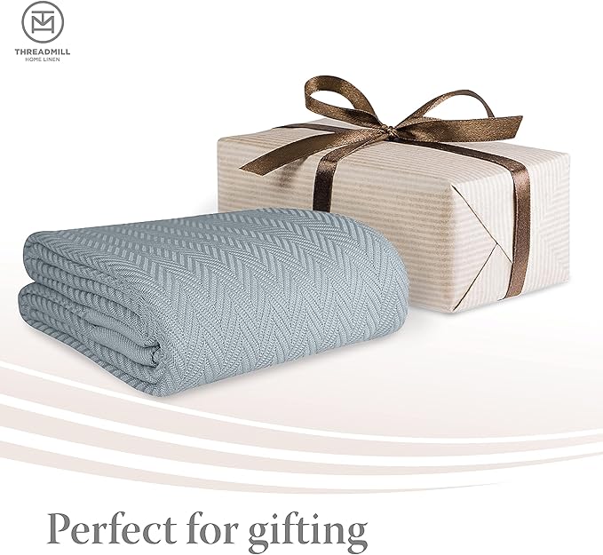 Threadmill Luxury Cotton Blankets for Twin Size Bed | All-Season 100% Cotton Twin Blanket for Bed | Herringbone Soft & Cozy Fall Thermal Blanket, 350GSM, 68x92 inches | Scottish Grey