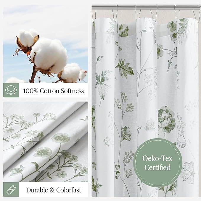 Martha Stewart Martha's Garden Shower Curtain Botanical Floral Print Cotton Shower Curtain for Bathroom, Spa Quality Modern Shower Curtains Standard Size, 72x72 Sage Green
