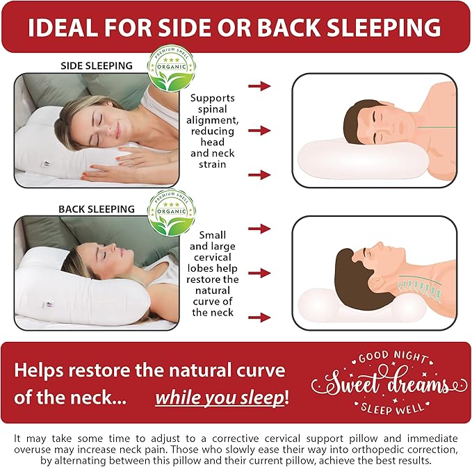 Core Products Tri-Core Natural Cervical Support Pillow for Neck Pain Organic Cotton Shell, Great Gift for Back and Side Sleepers, Midsize, Gentle