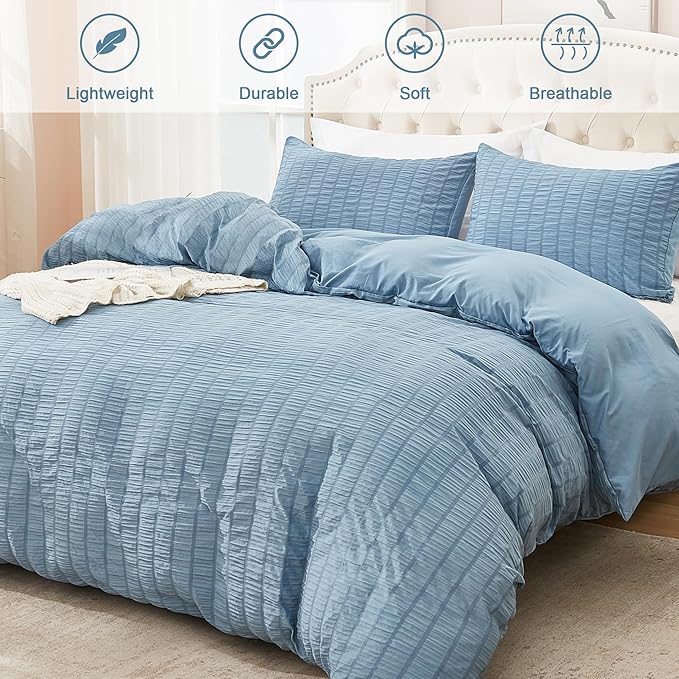 AveLom Seersucker Duvet Cover Set Queen Size Grayish Blue (90 x 90 inches), 3 Pieces (1 Duvet Cover, 2 Pillow Cases), Soft Washed Microfiber Textured Duvet Cover with Zipper Closure, Corner Ties
