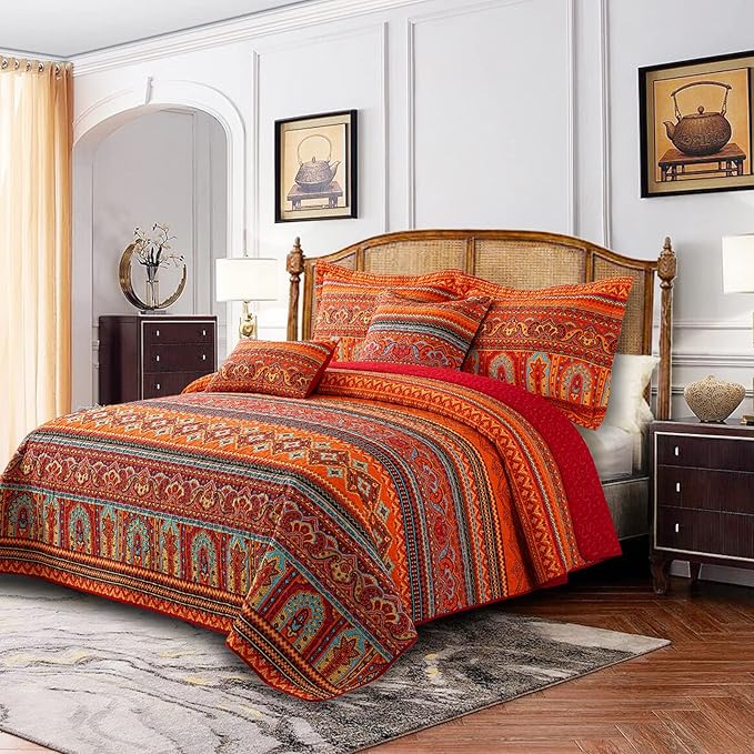 BEDIFANY Cotton Twin Size Bedspreads Set - Lightweight Boho Quilts Twin Size (68 * 86 Inch) - Colorful Orange Quilted Stripe Quilt Bedding Sets with Pillow Sham for Decorations Coverlet, 2 Pieces