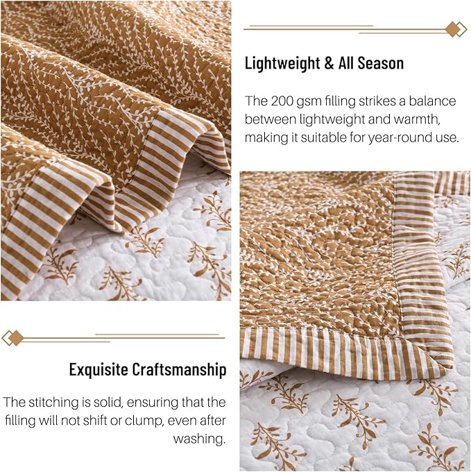 Quilt Set Queen Size - 100% Cotton Orange Flowers Reversible Bedspread Bedding Set, Lightweight 3-Piece Bed Quilts Botanical Pattern Comforter Cover with 2 Pillow Shams, All Season,90x98