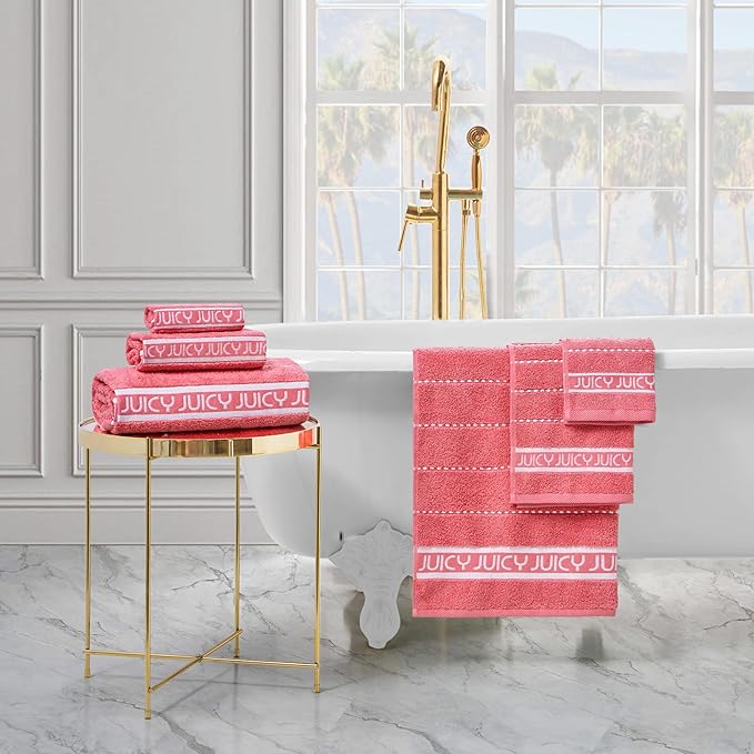 Juicy Couture Luxurious Plush Stripe 6-Piece Set - Pink Coral 100% Cotton Bath Towel Set - Soft and Stylish for Ultimate Comfort and Elegance