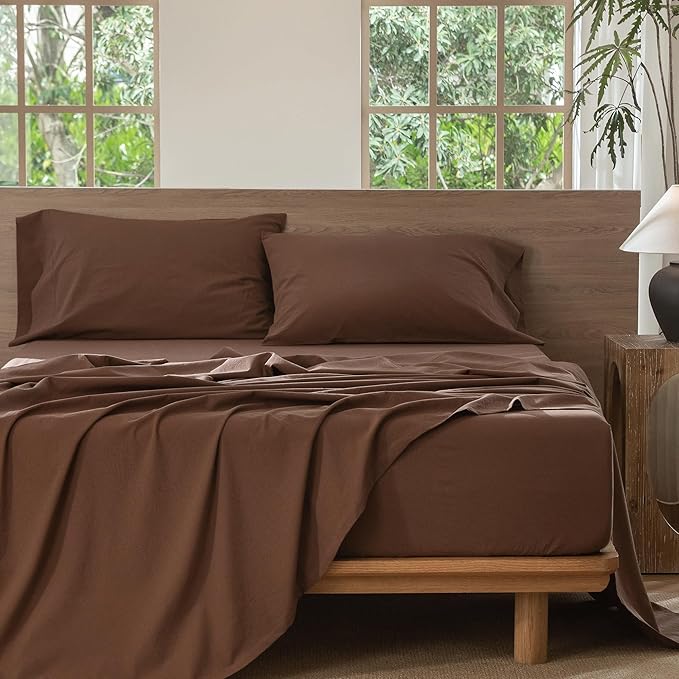 MooMee Bedding Sheet Set 100% Washed Cotton Linen Like Textured Breathable Durable Soft Comfy (Solid Cocoa Brown, Twin)