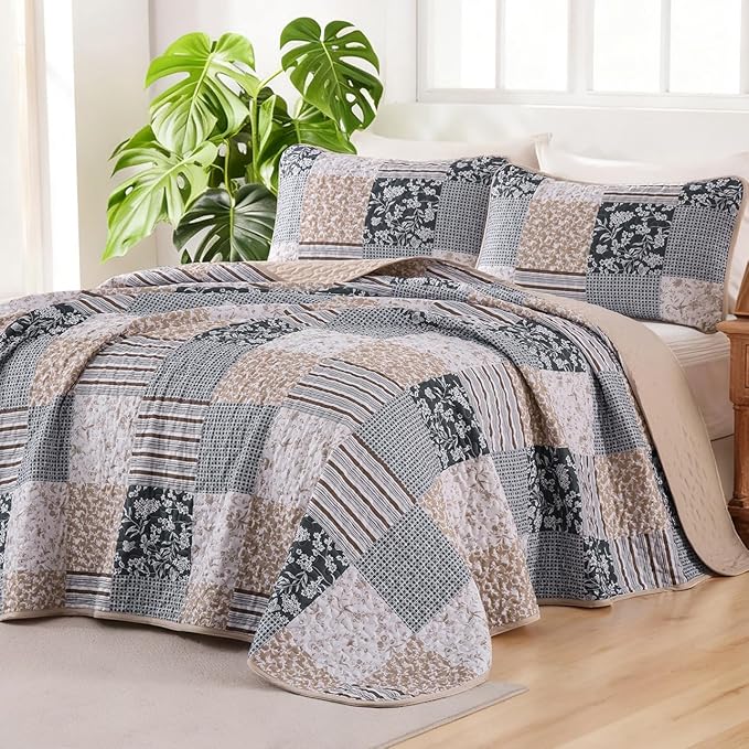 Mybedsoul Patchwork Quilt Set Queen Size, 3 Pieces Blue Brown Floral Plaid Bedspread Coverlet Set, Reversible Soft Microfiber Bedding Set for All Season, Fall Winter Queen 90"x96"