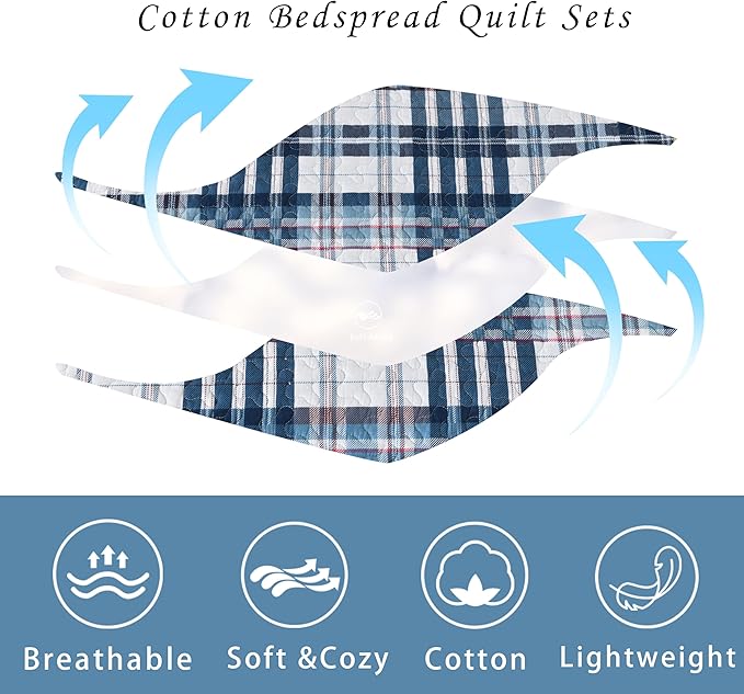 Quilts Queen Size, Cotton Queen Size Comforter Set, Blue White Striped Bedding Sets, Plaid Queen Bedspread,Striped Bed Set Lightweight Reversible All Season 3 Piece