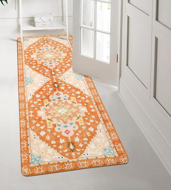 Uphome Boho Bathroom Runner Rug Orange Non-Slip Soft Bedroom Rug Machine Washable Oriental Hallway Rug Tribal Aesthetic Floral Home Decor Floor Mats for Kitchen Kids Room Entryway, 24x59 inch