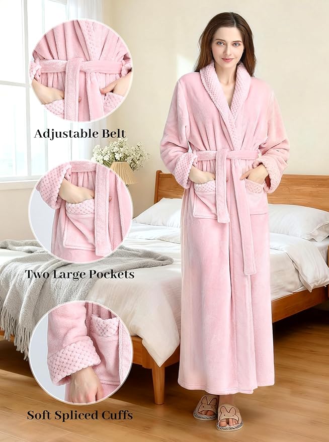 Artfasion Womens Long Fleece Robe - Warm Soft Floor Length Flannel Bathrobes for Winter Thicker Long House Coat with Pockets