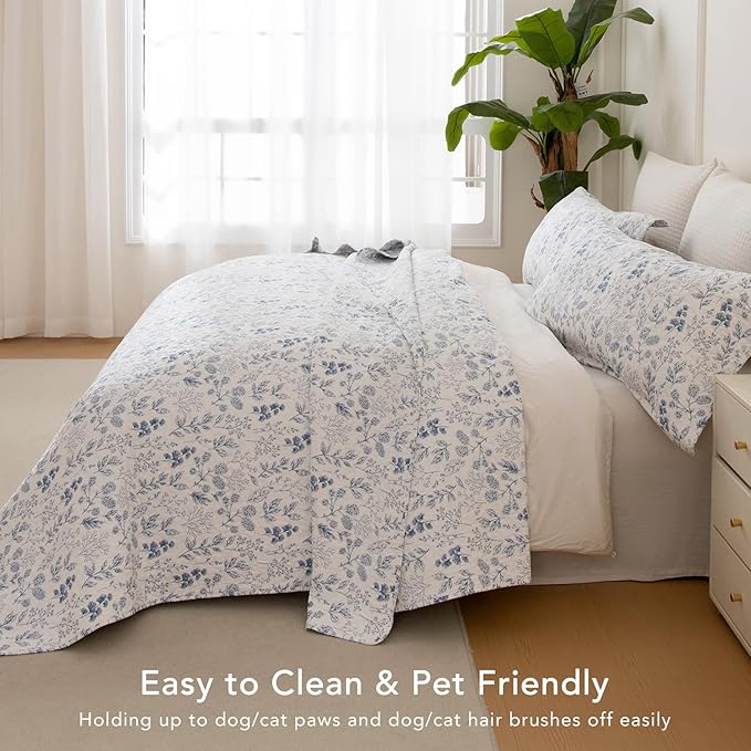 Lady Ann Queen Size Cotton Quilt Sets - Blue and White Floral & Leaves Pattern Botanical Printed Quilted Bedding, 3 Pcs Lightweight Soft Bedspread Sets Queen Coverlet for All Season
