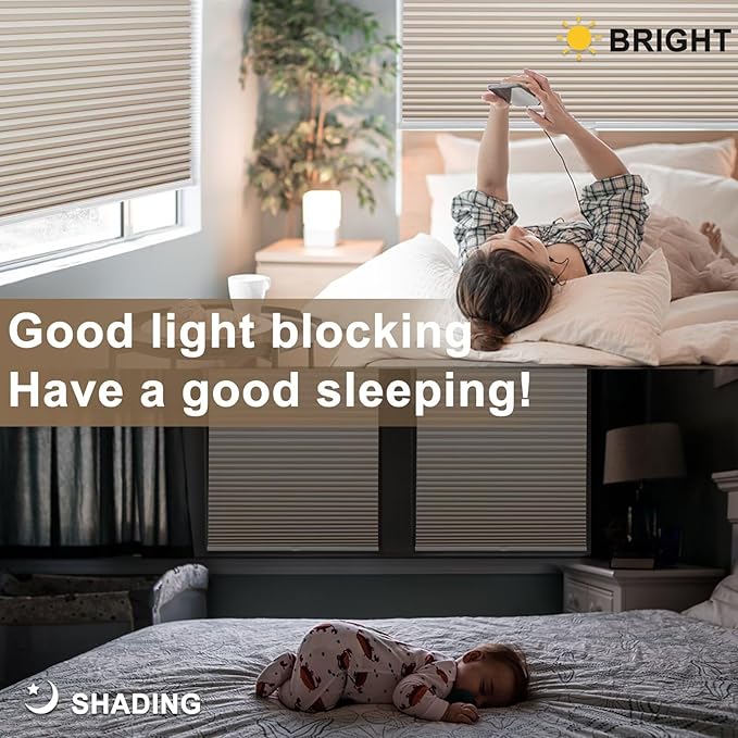 MYshade 1.5-Inch Cellular Cordless Blackout Shades,Thermal Insulating Noise Reducing Waterproof Blinds,Honeycomb Window Treatments for Indoor Light Control (Beige-29 W x 72" H)