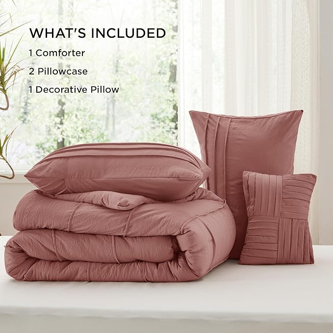 Bedsure Full Comforter Set - 4 Pieces Pinch Pleat Bed Set, Dusty Pink Boho Bedding for All Season, 1 Soft Comforter, 2 Pillowcases, 1 Decorative Pillow