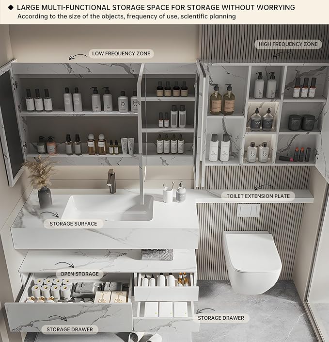 Floating Bathroom Vanity with Sink, Solid Wood Bathroom Vanity Set, Smart Defogging Mirror & Induction Side Cabinet & Large Storage - Elegant Bathroom Vanities (White,40IN)