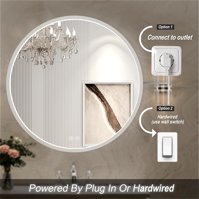 28" Round LED Bathroom Mirror, Dimmable Anti-Fog Vanity Mirror with Touch Control, 6000K Natural Light, Silver Metal Frame, Wall Mounted for Makeup Shaving (IP54, 90+ CRI)