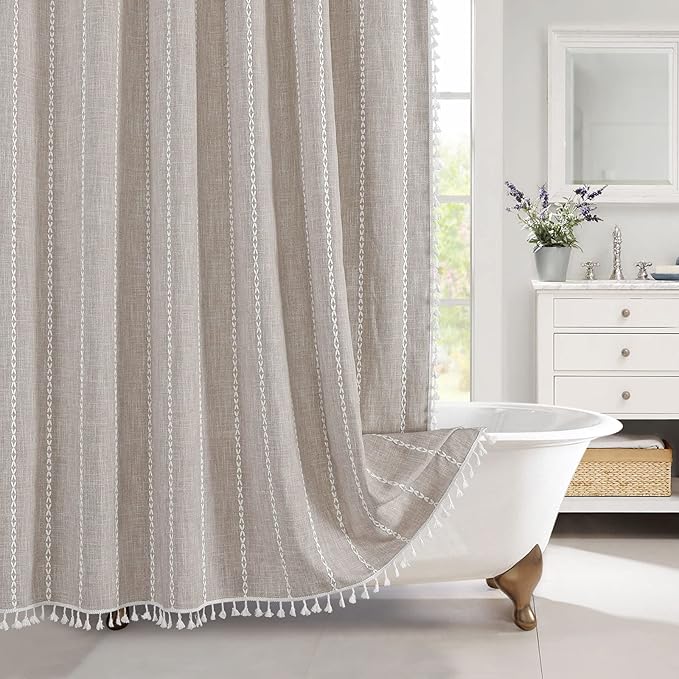 MitoVilla Boho Long Shower Curtain 72 x 78, Farmhouse 78 inch Long Polyester Linen Fabric Shower Curtains with Tassel for Chic Cottagecore French Rustic Bathroom Decor, Tan Brown