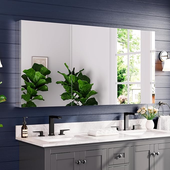 Medicine Cabinet 60" x 30", Bathroom Medicine Cabinet with Mirror, Recessed Medicine Cabinets with Adjustable Shelves, Soft-Closing Door, and Aluminum Alloy Frame - Reverse Installation, Silver