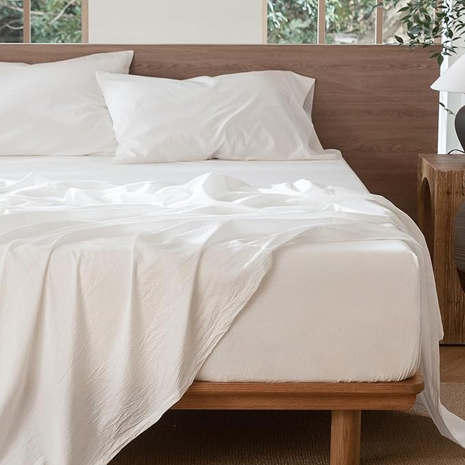 MooMee Bedding Sheet Set 100% Washed Cotton Linen Like Textured Breathable Durable Soft Comfy (Solid Off White, Twin)
