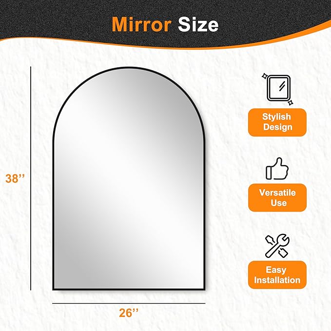 Delma Arched Bathroom Mirror, 26"x38" Wall Mounted Vanity Mirror for Bedroom, Living Room and Entryway, Black