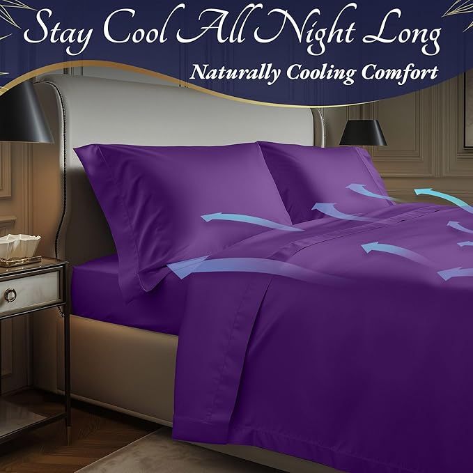 DECOLURE 100% Viscose Derived from Bamboo Sheets King Size 4pcs - Ultra Soft & Luxuriously Cooling, 17" Deep Pocket, Double Stitching, Perfect for Hot Sleepers - King Bed Sheets (Purple)