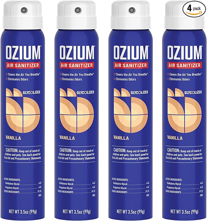 Ozium 3.5 Oz. Air Sanitizer & Odor Eliminator for Homes, Cars, Offices and More, Vanilla Scent, 4 Pack