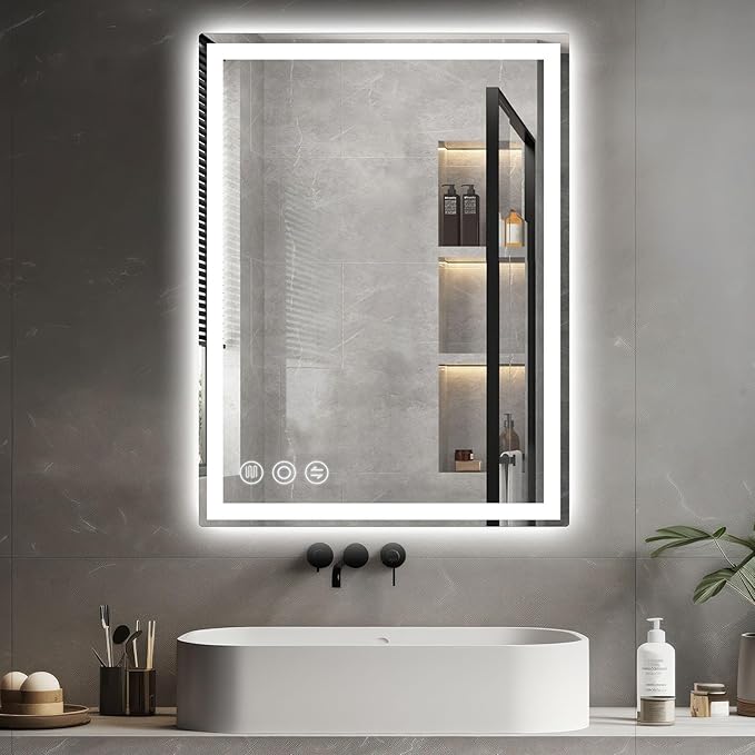 Bathroom Mirror, 28"x 36" Vanity Mirror with Lights, LED Mirrors with Anti-Fog, Stepless 3 Colors Temperature & Dimmable, Memory Tempered Glass Bathroom Mirrors for Over Sink