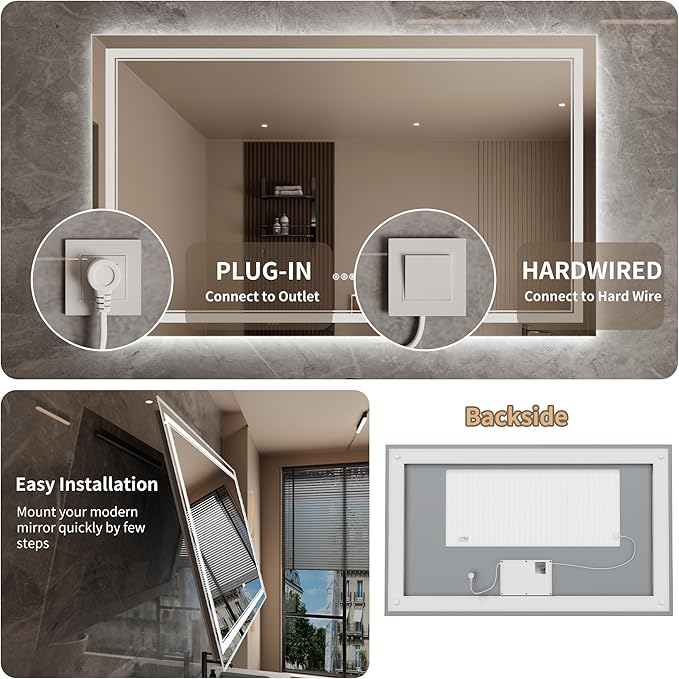Bathroom Mirror with Lights 36"X60" with Front Light and Backlit, Tempered Glass, Wall Mount Horizontal/Vertical, Stepless Dimmable, 3 Colors, Anti Fog, Bathroom Memory LED Mirror