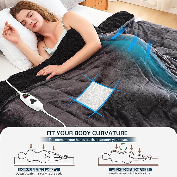 CYMULA Heated Weighted Blanket for Adults, Weighted Heated Blanket 48" x 72", 15lbs Sherpa Fleece Weighted Electric Blanket Soft Heating Blanket with 10 Heating Levels & 1-8 Hours Auto Off, Dark Grey
