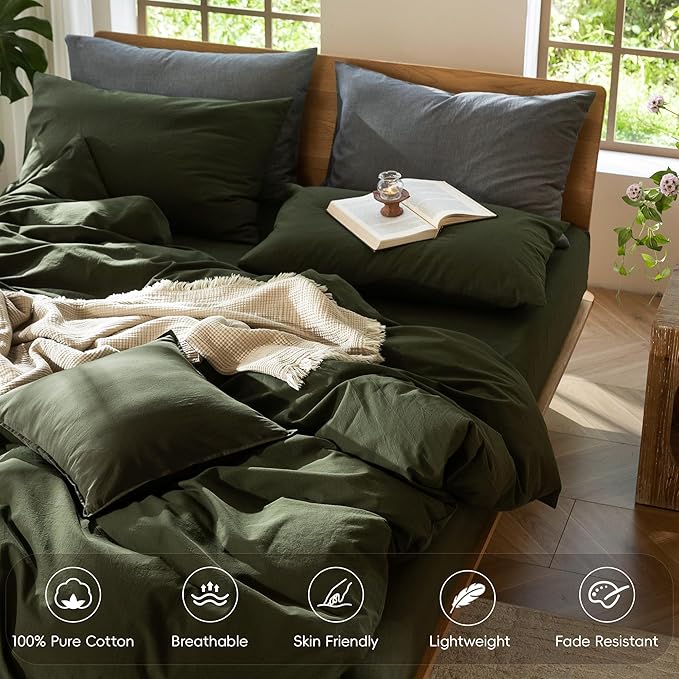 MooMee Bedding Duvet Cover Set 100% Washed Cotton Linen Like Textured Breathable Durable Soft Comfy (Solid Olive Green, Oversized King Plus 128"x120")