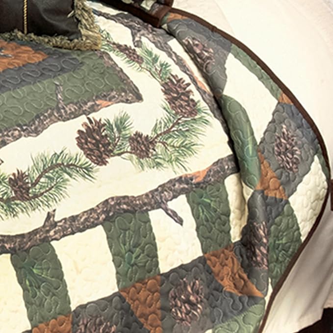BLACK FOREST DECOR Woodland Pinecones Quilt Bed Set - King, Rustic Lodge Pinecone Quilt Bedding - 110" x 96"
