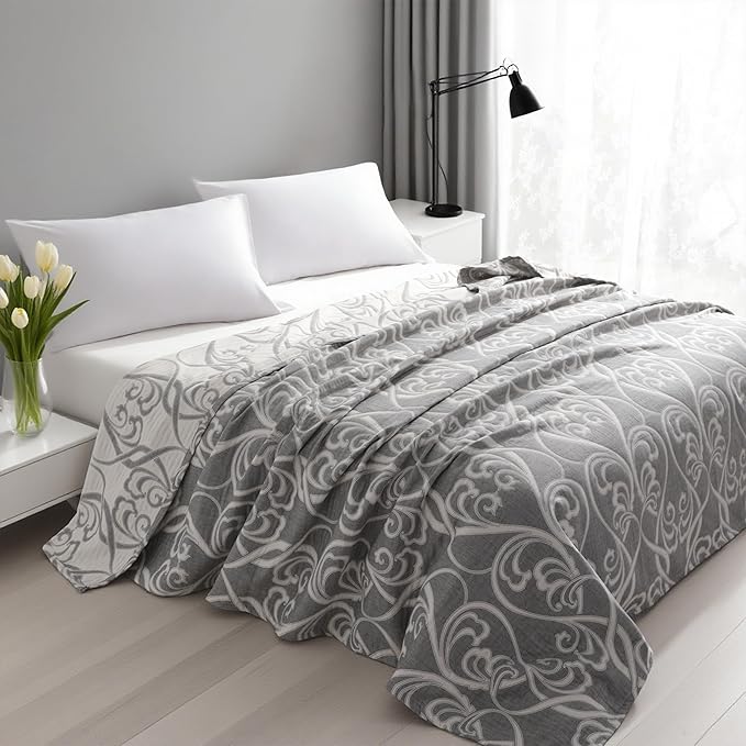 NTBAY 3 Layers Cotton Muslin 88x92 Queen Bed Blanket, Super Soft Breathable Thermal Yarn Dyed Quilt for Adults, Perfect Lightweight Blanket for Couch Sofa Bed All Seasons, Grey Paisley