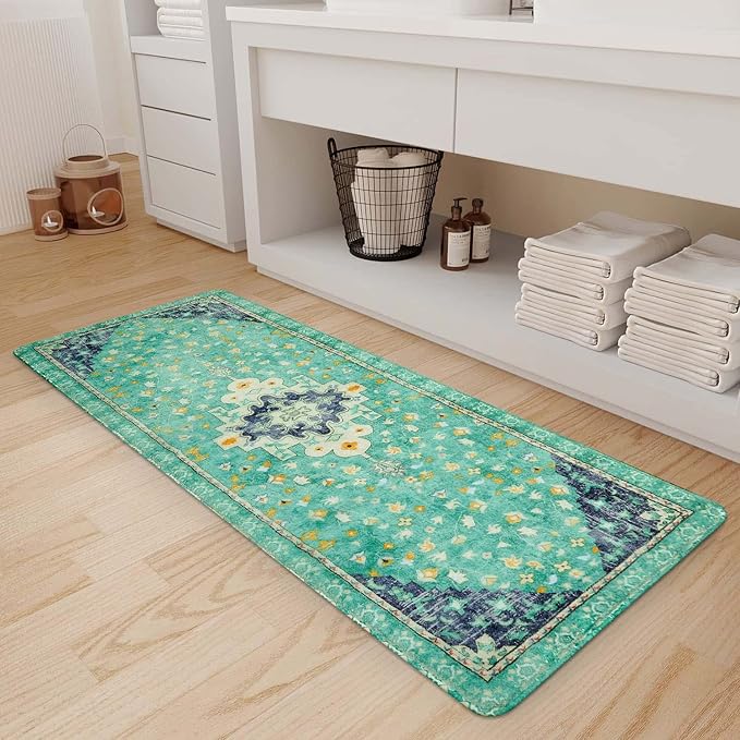 Uphome Boho Vintage Bathroom Runner Rug Green Non-Slip Soft Long Bathroom Rugs Machine Washable Oriental Bath Mat Traditional Tribal Floral Floor Mats for Sink Shower Bathtub, 18x47 inch