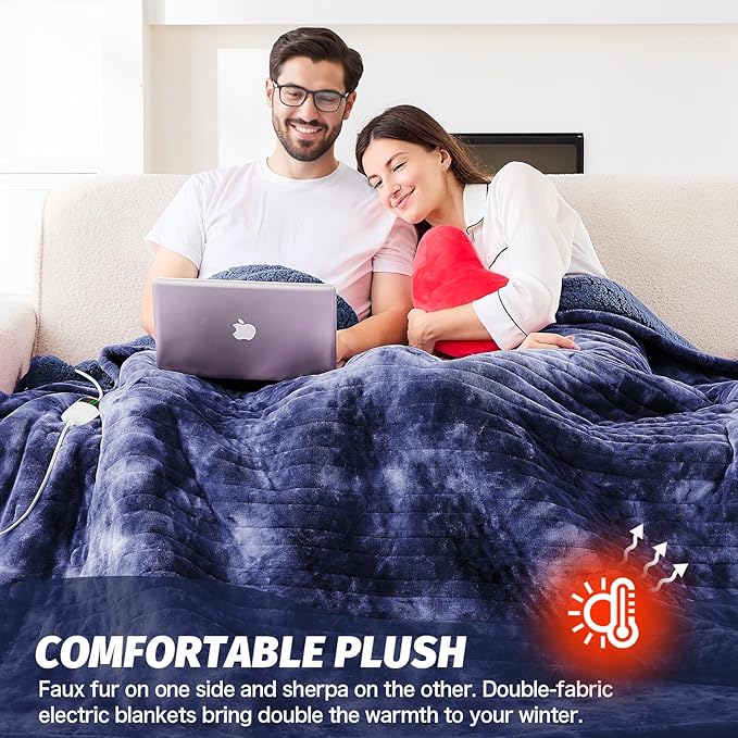 greenoak Heated Electric Blanket Throw, Faux Fur Sherpa Heating Blanket for Sofa Bed, Warm Winter Gifts for Dad/Grandma, Heater Lap Blankets 5-Position Timer &10 Heating Levels 62''*84" Cobalt