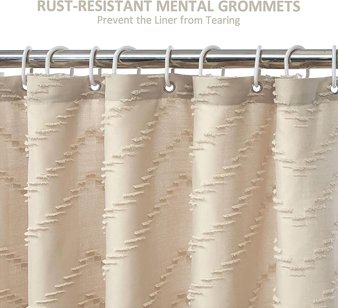 Boho Farmhouse Shower Curtain, Woven Fabric Cute Beige, 60 x 72 Tufted Chevron Textured Striped Modern Farmhouse Minimalist