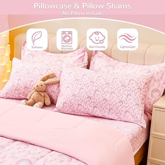 Viviland Kids Twin Bedding Sets for Girls, Soft Twin Comforter Set with Sheets, 5 Pieces Microfiber Bed in a Bag, Pink Heart Rainbow