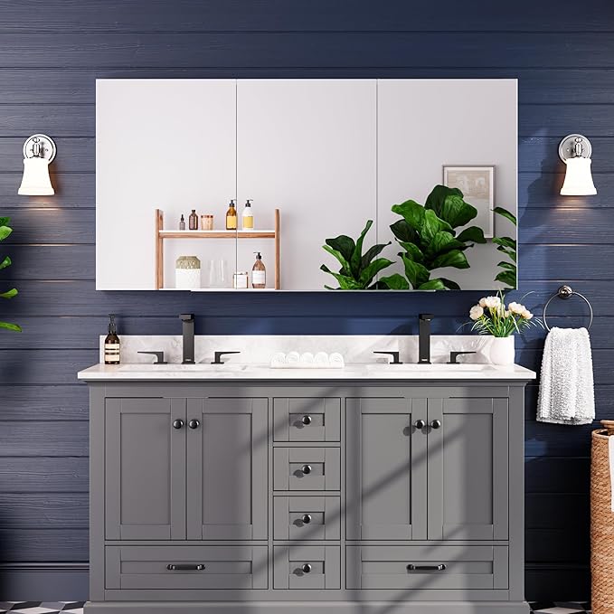 Medicine Cabinet 60" x 30", Bathroom Medicine Cabinet with Mirror, Recessed Medicine Cabinets with Adjustable Shelves, Soft-Closing Door, and Aluminum Alloy Frame - Reverse Installation, Silver