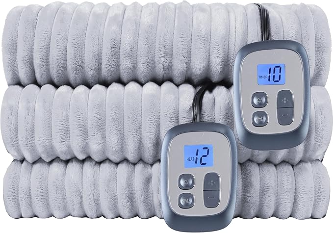 Electric Heated Blanket Queen Size 84x90 Inch - Ultra Soft Silky Flannel with Ribbed Texture, Dual Zone Controllers with 10 Heating Levels and 12 Hours Auto-Off Feature - Light Gray