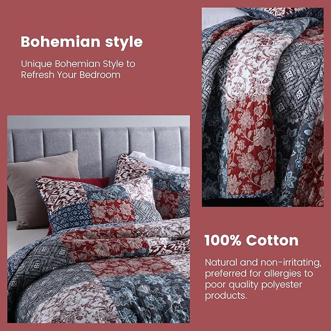 Secgo Twin Comforter Set for Bed - 100% Cotton Quilts Twin Size, Black Bedspreads with 2 Pillow Shams, Patchwork Reversible Lightweight Bedding