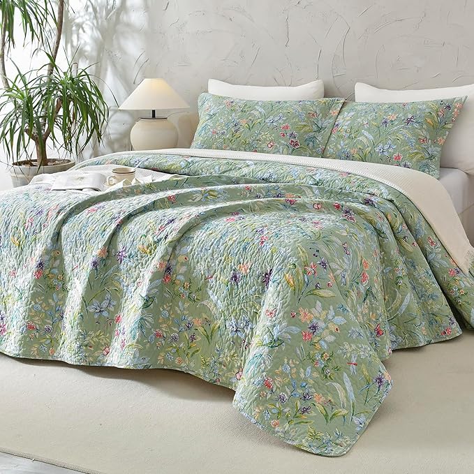 Lady Ann Oversized King Bedspreads 128x120 for Extra Bed, Green Flower Bird Butterfly Print Botanical Bedding, Lightweight 100% Cotton Quilted Coverlet Set with Pillow Shams for All Season, 3 PCS