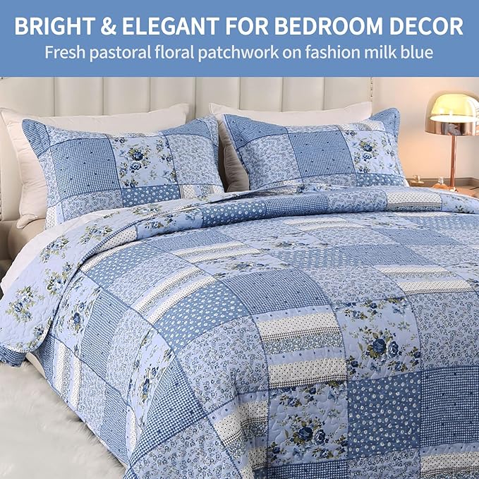 ENJOHOS Blue Floral Quilt Set Queen Size, 3 Pieces Plaid Flower Queen Bedspread for All Seasons, Patchwork Reversible Coverlet Lightweight Bedding for Queen Size Bed with 2 Pillow Shams