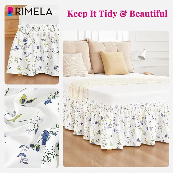 RIMELA Blue Berry Floral Bed Skirt Queen Size 15 Inch Drop, Elastic Bed Skirting for Bed Frame, Bedding Dust Ruffle Easy to Install, Lightweight Wrap Around Adjustable Bedskirt