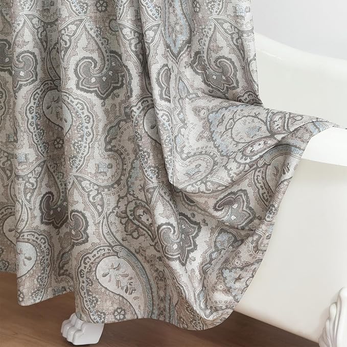 Fabric Shower Curtain 78 Inches Long, Taupe and Blue Paisley Print Shower Curtains for Bathroom, 72" W x 78" H