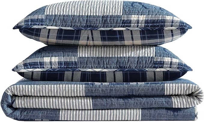 Eddie Bauer - King Quilt Set, Naturally Soft Cotton Bedding w/a Lightweight Feel for All-Year Comfort, Reversible w/Matching Pillowcases, 3 Piece Bed Set (Moose Plaid/Pinstripe/Patchwork Blue)